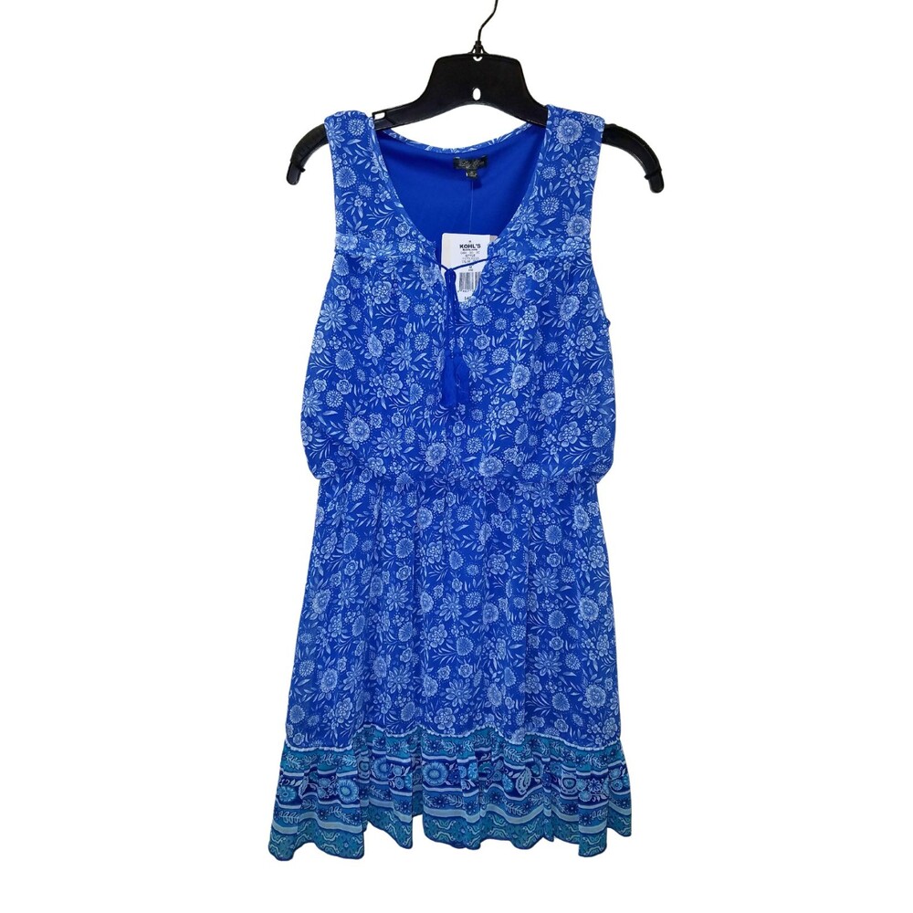 Lily Rose Sundress Junior’s Medium Blue White Floral Sleeveless Tassels NWT